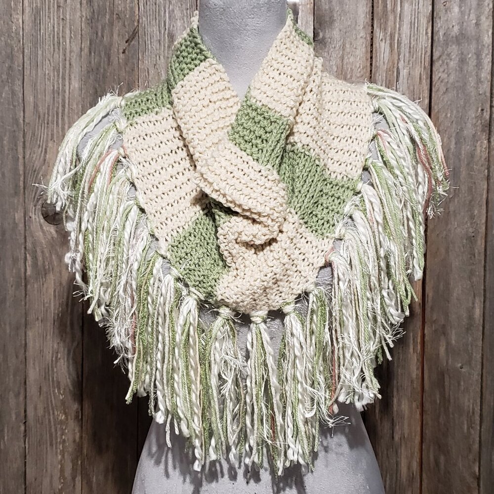 NEW Cowl Scarf Fringe Hand Knitted Cream Green‎ Boho Handmade Knit Cottagecore